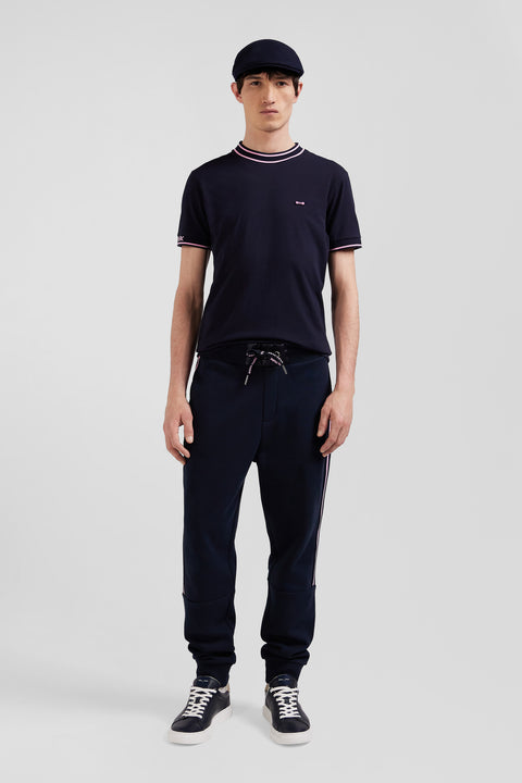 Slim navy blue short-sleeved cotton T-shirt with Eden Park ribs - Image 1