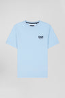 Regular sky blue short-sleeved cotton T-shirt with tie patchwork emblem
