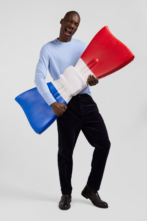 Regular sky blue long-sleeved cotton T-shirt with floral back patch - Image 3