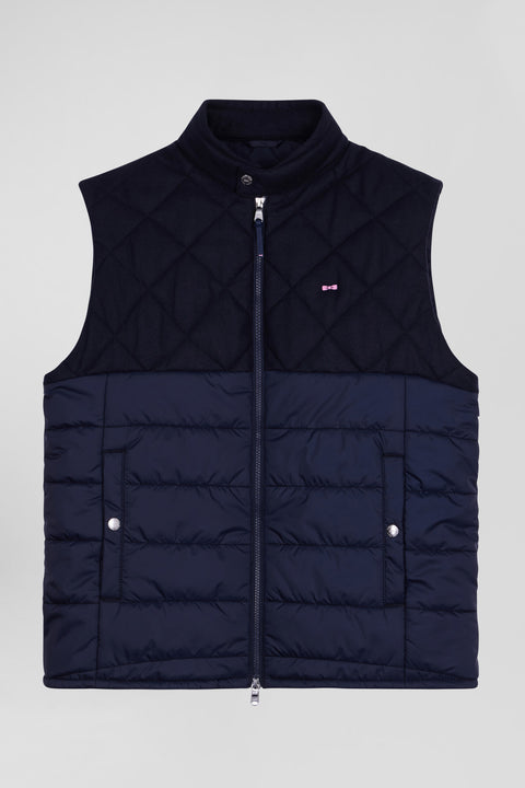 Navy blue sleeveless double quilted high collar down vest - Image 2