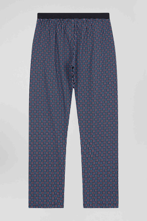 Navy blue long cotton pajamas with check trousers - Image 2
