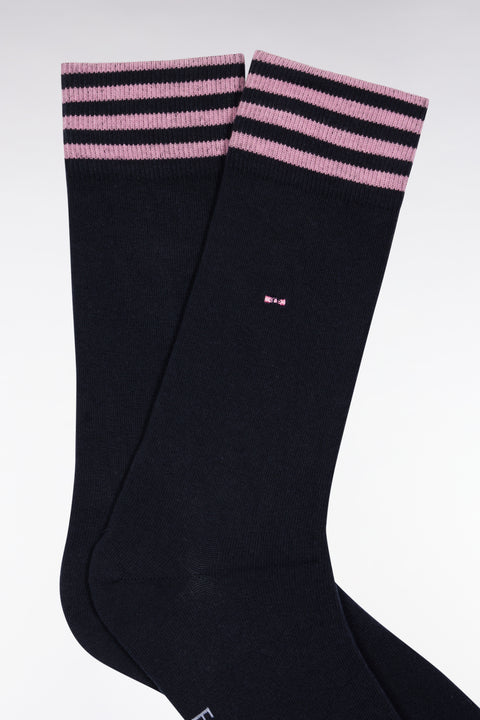 Navy stretch cotton blend socks with striped trim - Image 2