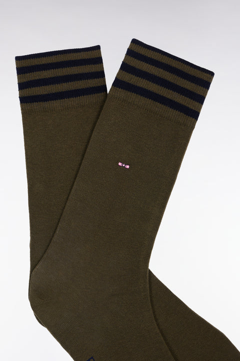 Khaki stretch cotton blend socks with striped trim - Image 2