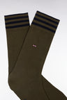 Khaki stretch cotton blend socks with striped trim