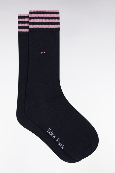 Navy stretch cotton blend socks with striped trim - Image 1