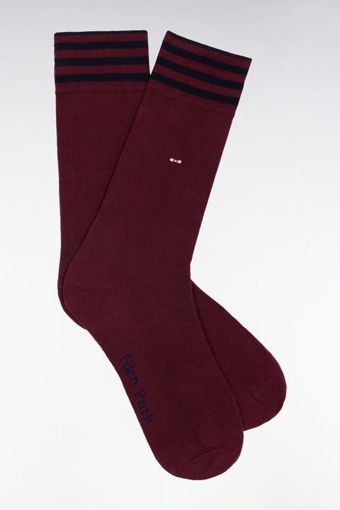 Burgundy stretch cotton blend socks with striped trim - Image 2