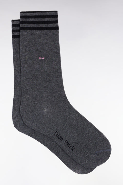Grey stretch cotton blend socks with striped trim - Image 1