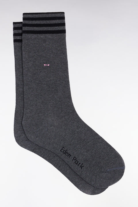 Grey stretch cotton blend socks with striped trim - Image 1