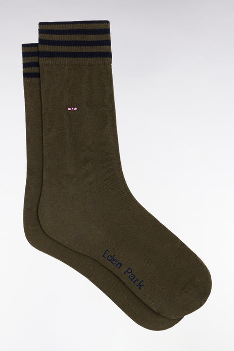 Khaki stretch cotton blend socks with striped trim - Image 1