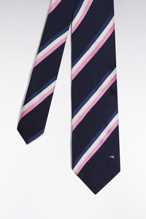 Navy silk tie with tricolored stripes - Image 1