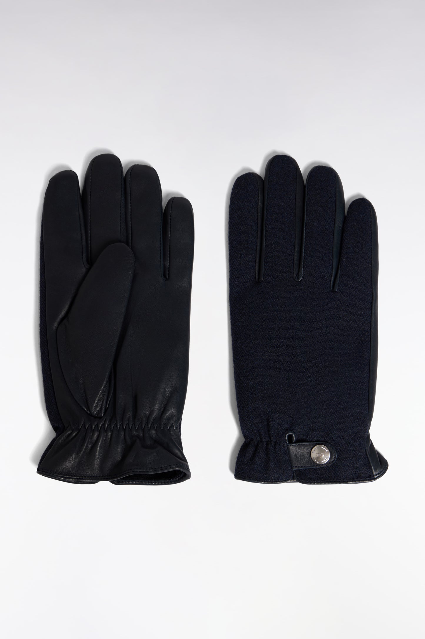 Leather and navy herringbone gloves