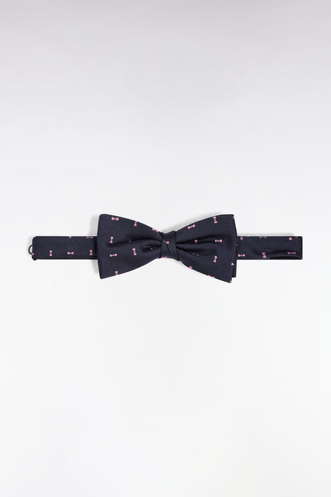 Bow tie in navy silk with micro-patterned pink bow ties - Image 1