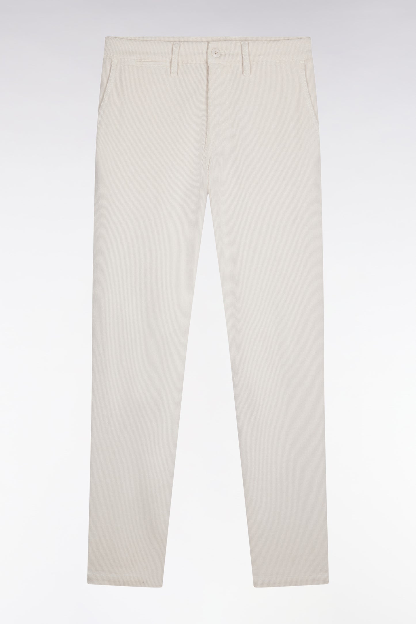 Pleatless chino pants in ecru stretch velvet