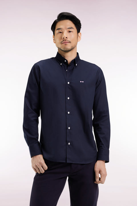 Navy cotton shirt with pink embroidery, straight cut - Image 3