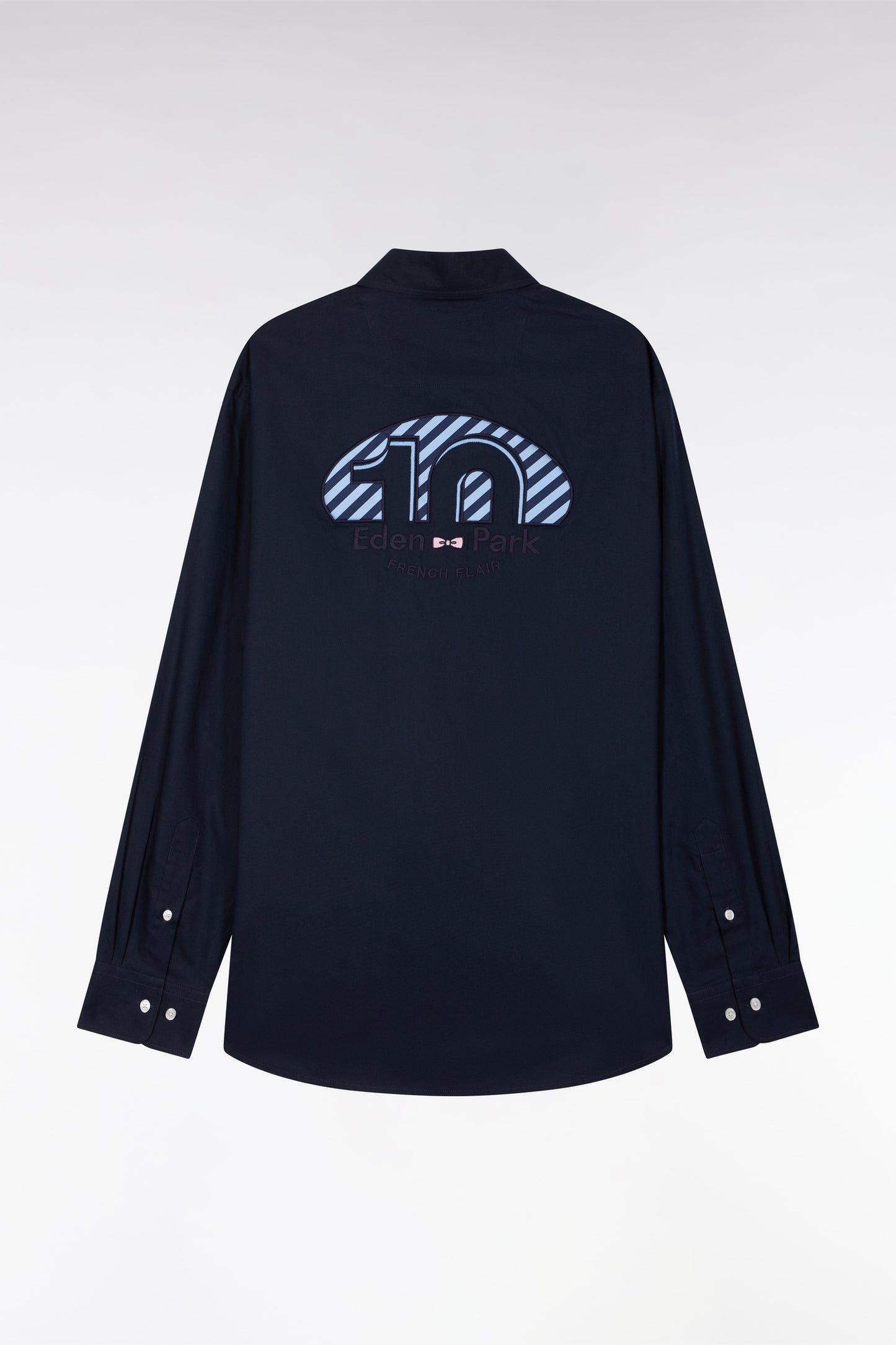 Navy cotton shirt with pink embroidery, straight cut