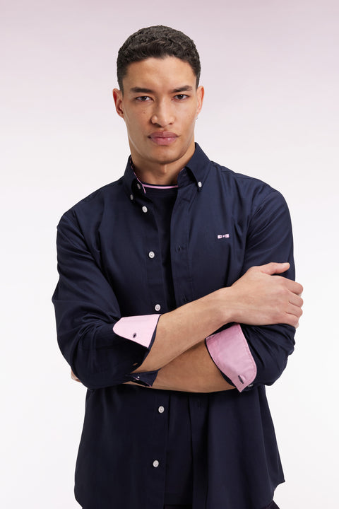 Navy pinpoint cotton shirt embroidery 10 back straight cut - Image 1