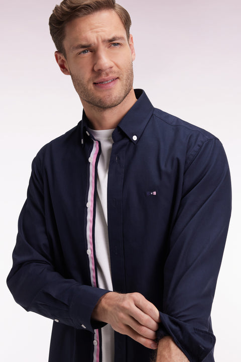 Navy pinpoint cotton shirt, embroidered back, straight cut - Image 1