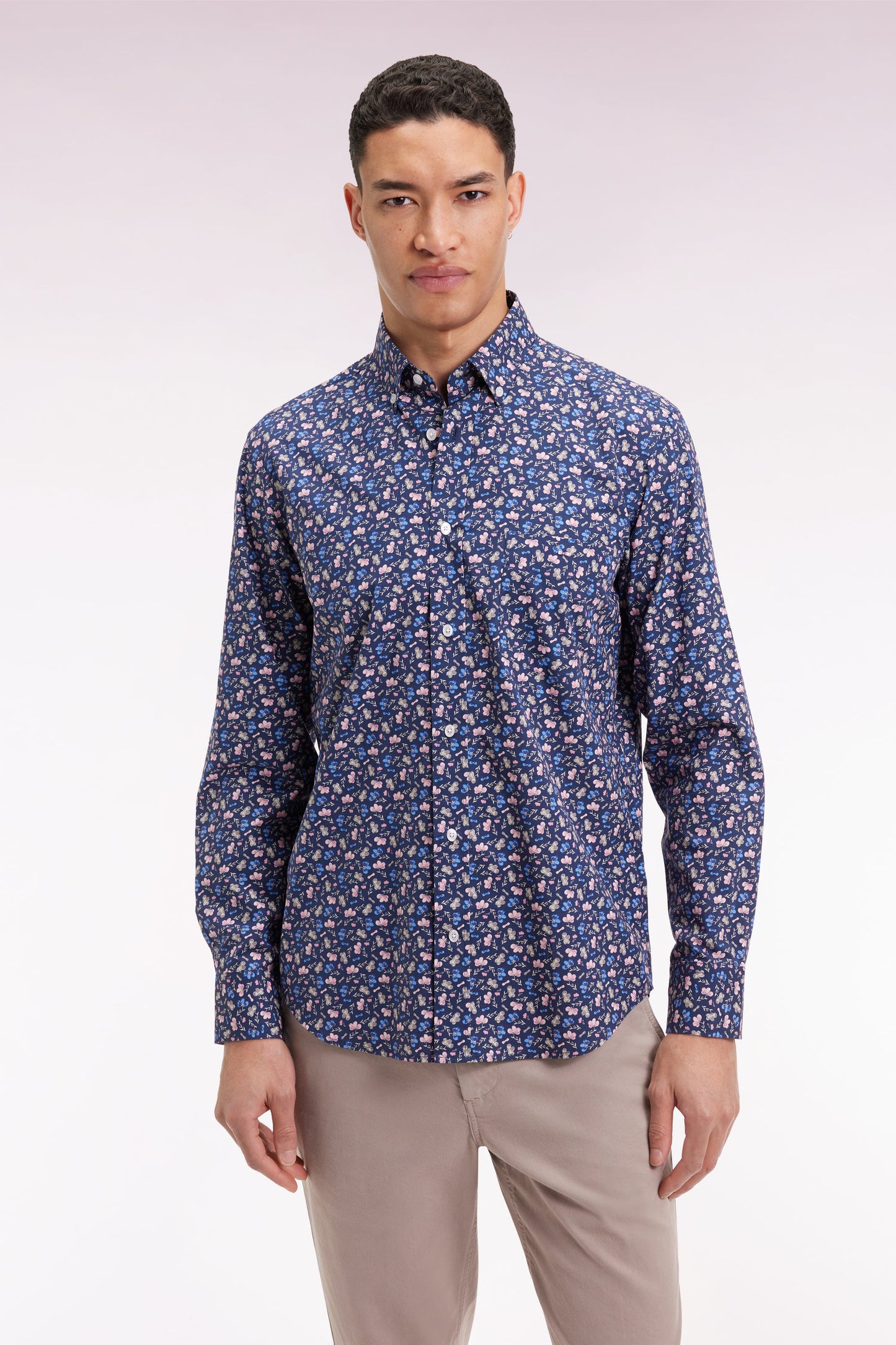 Blue cotton shirt with floral micropatterns, straight cut