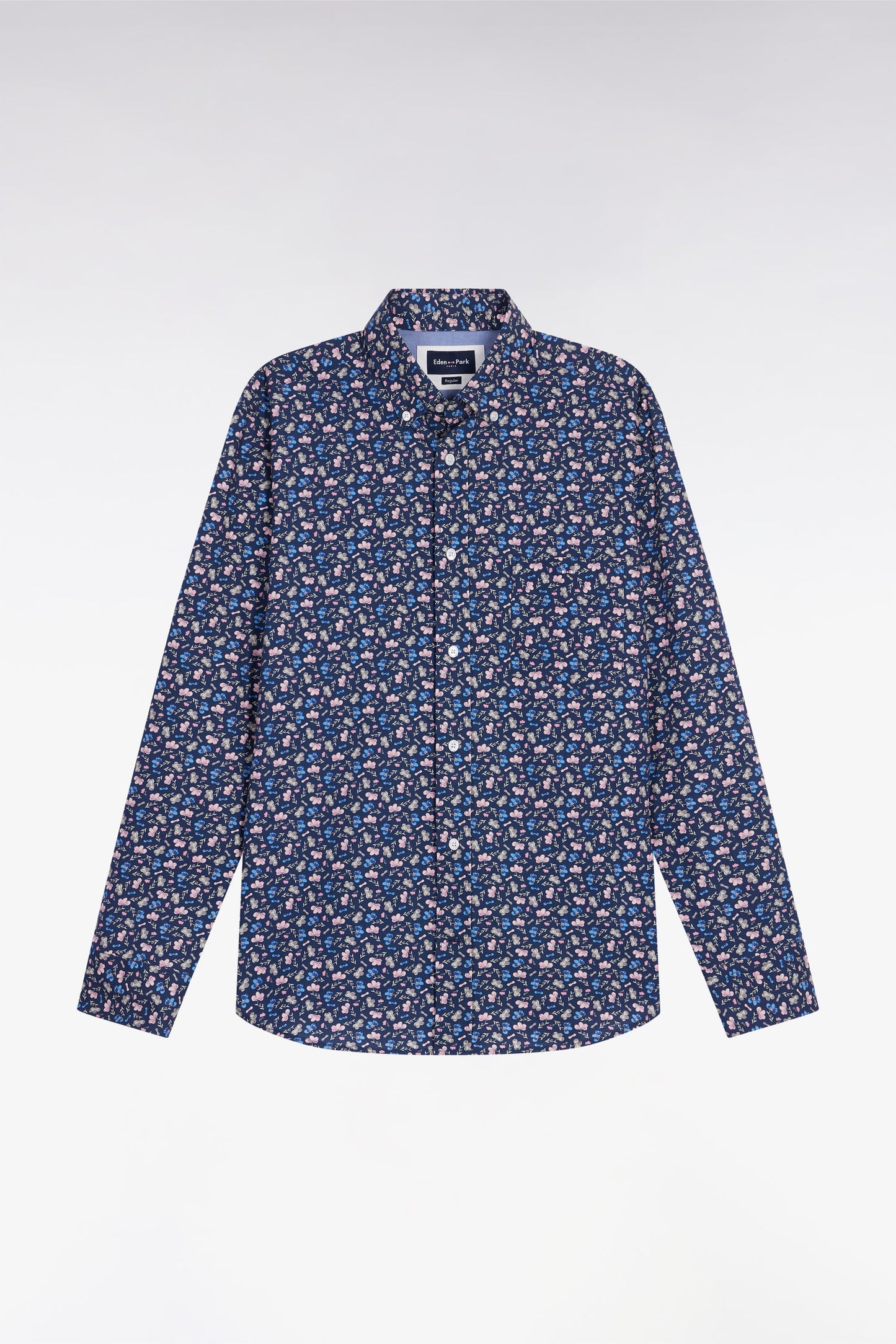 Blue cotton shirt with floral micropatterns, straight cut