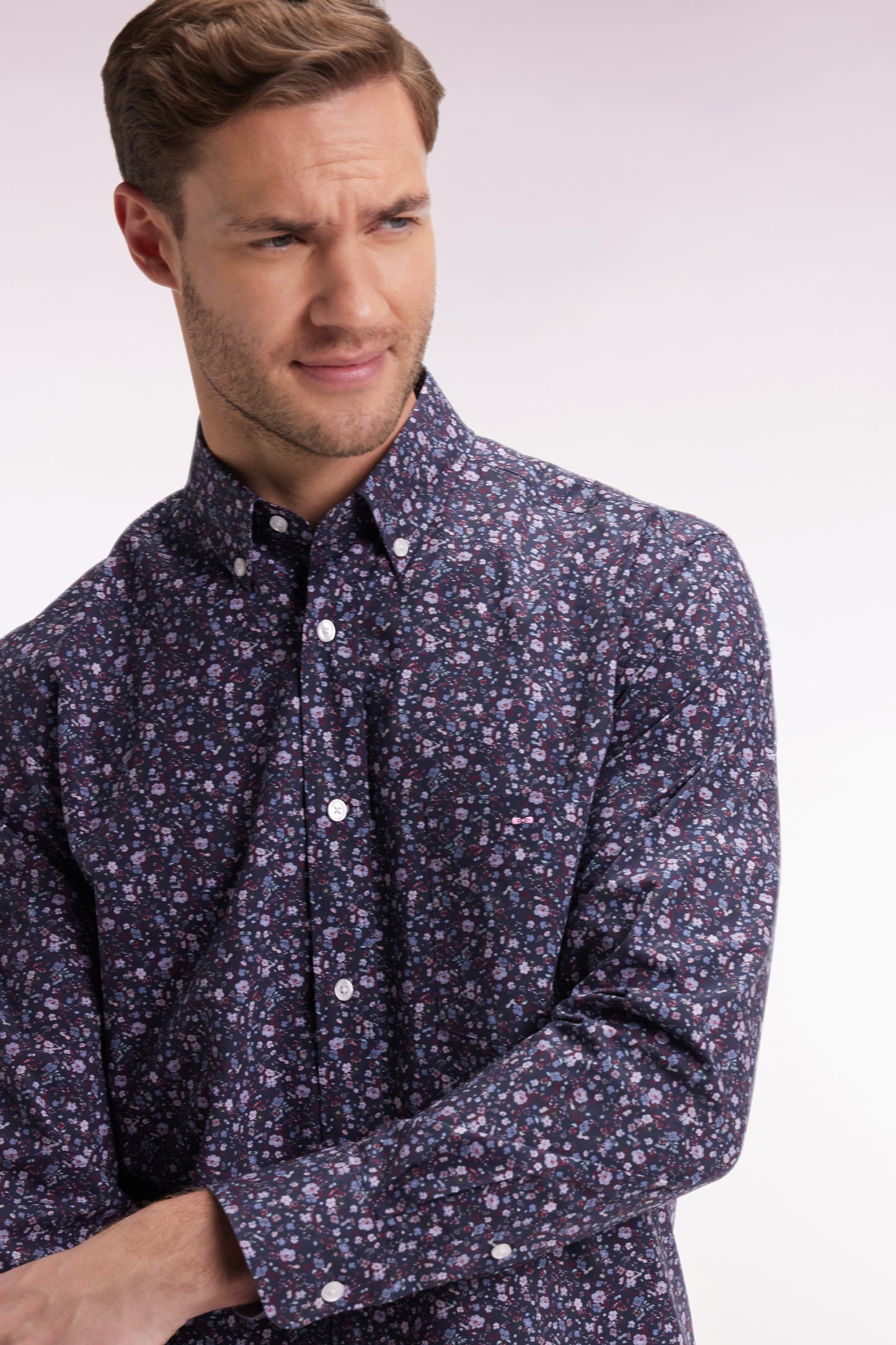Navy cotton shirt with floral micropatterns, straight cut