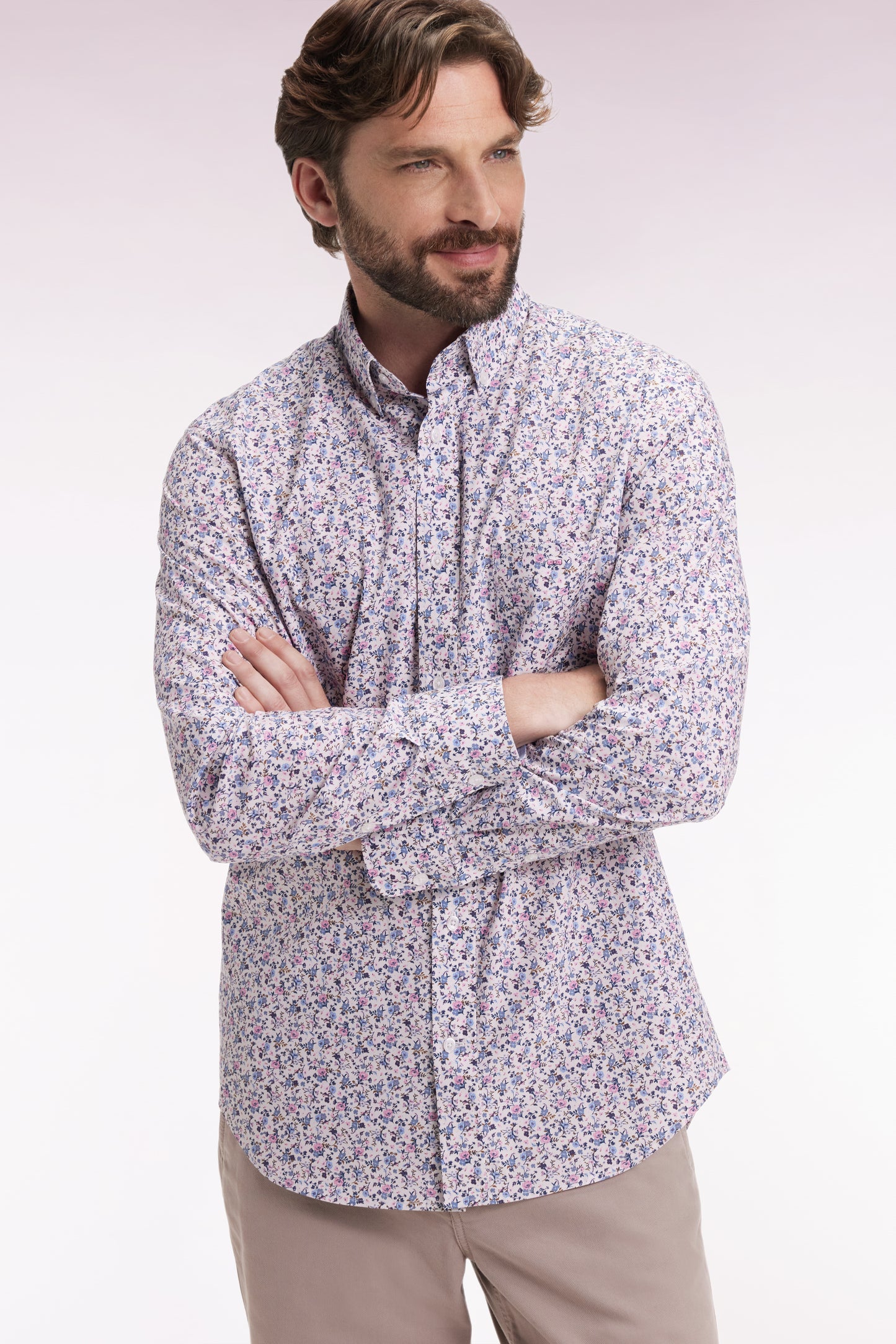 Beige cotton shirt with floral micropatterns, straight cut