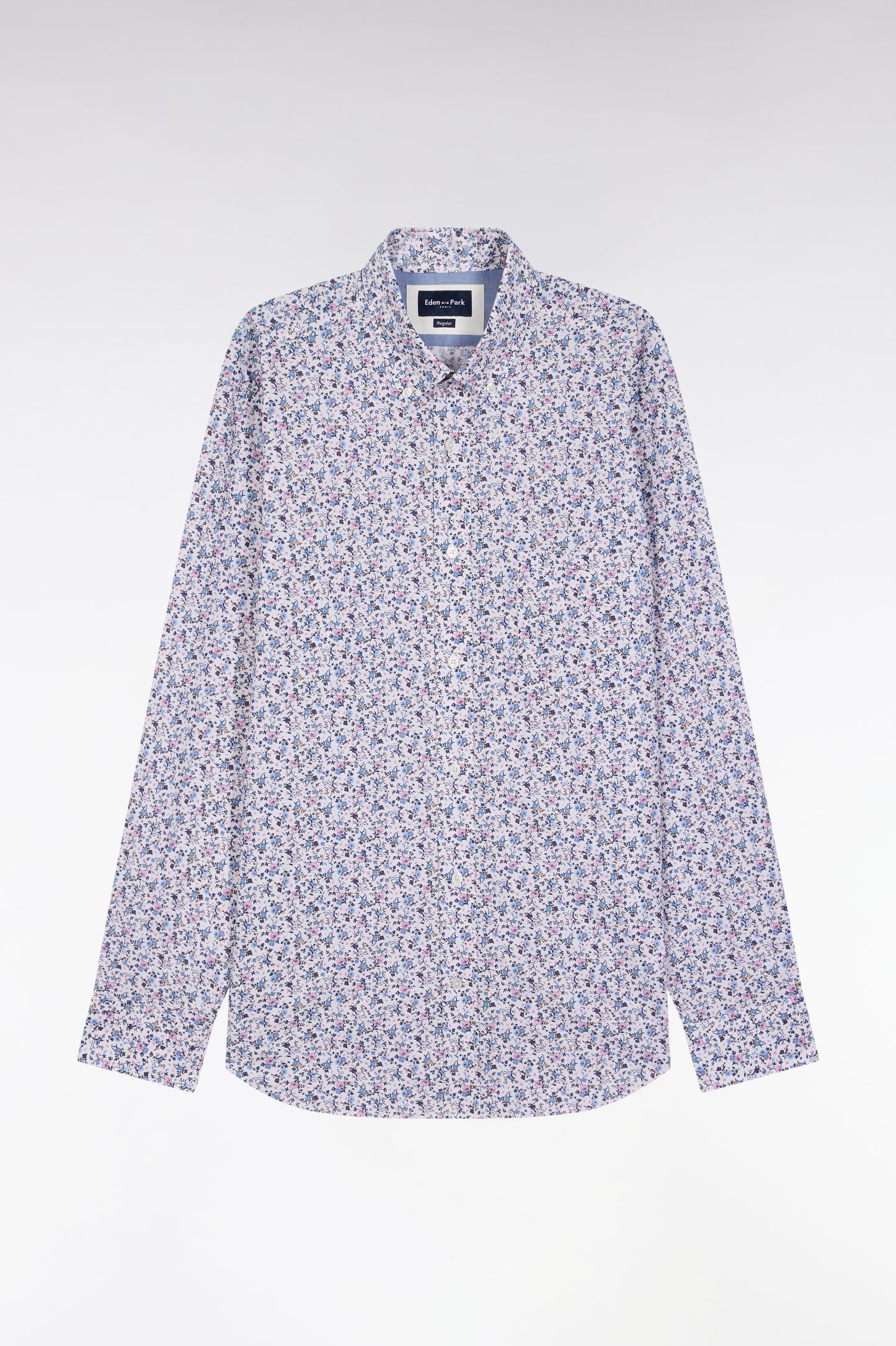 Beige cotton shirt with floral micropatterns, straight cut