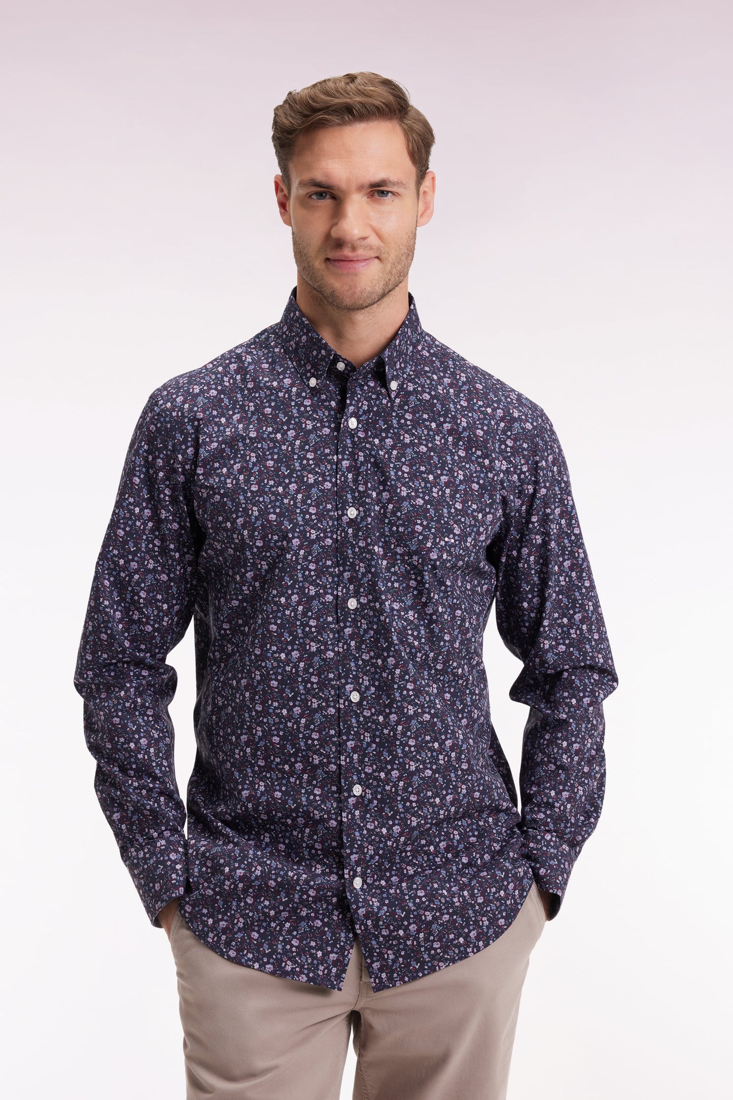 Navy cotton shirt with floral micropatterns, straight cut