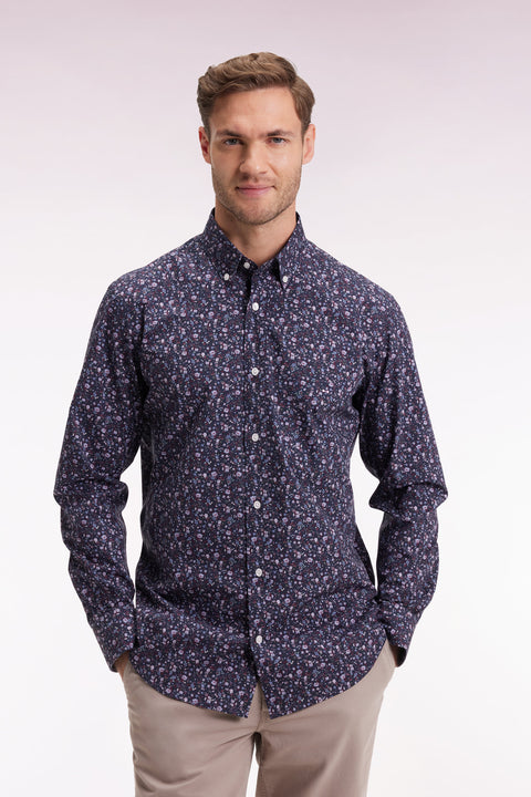 Navy cotton shirt with floral micropatterns, straight cut - Image 3