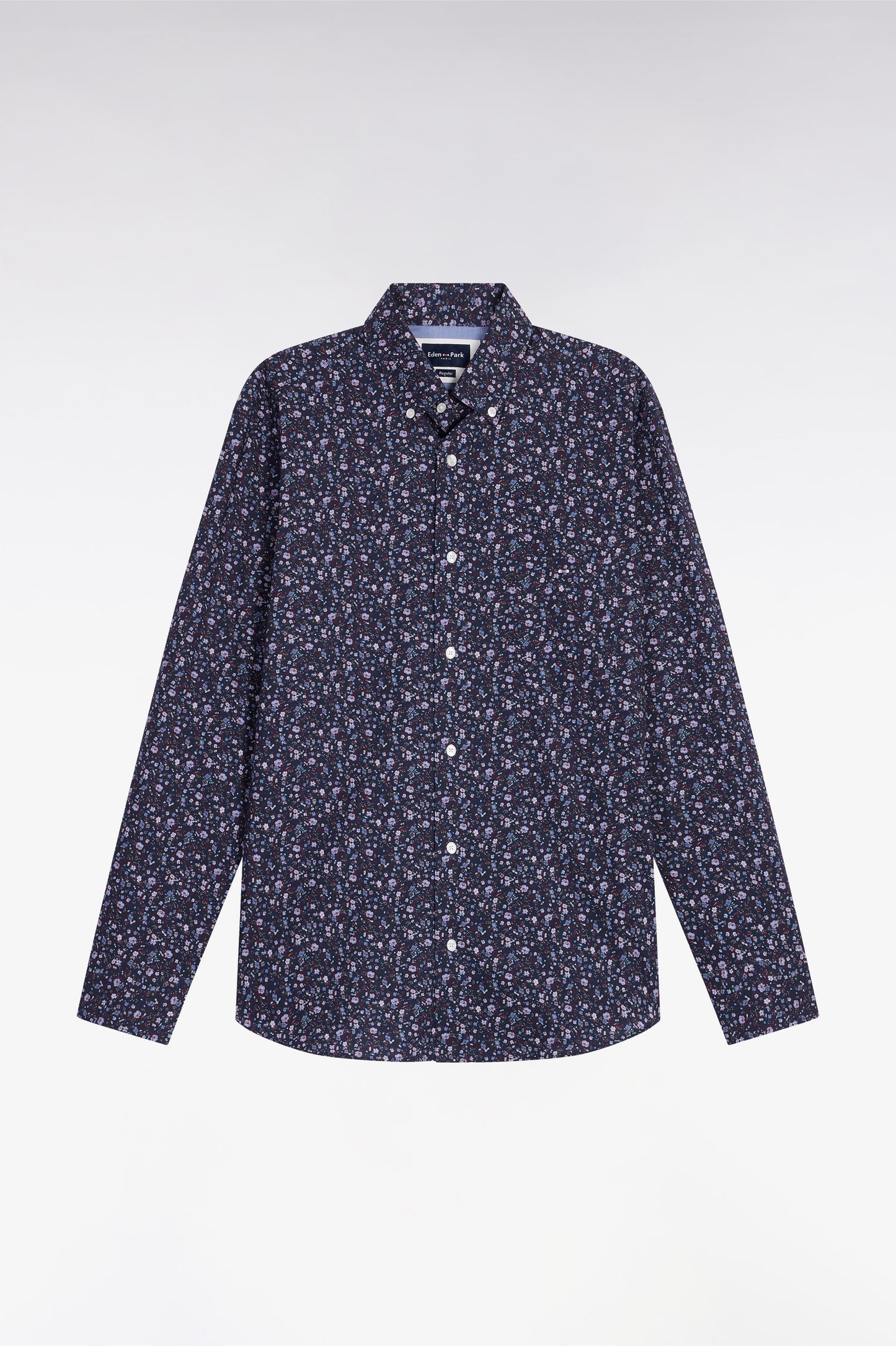 Navy cotton shirt with floral micropatterns, straight cut