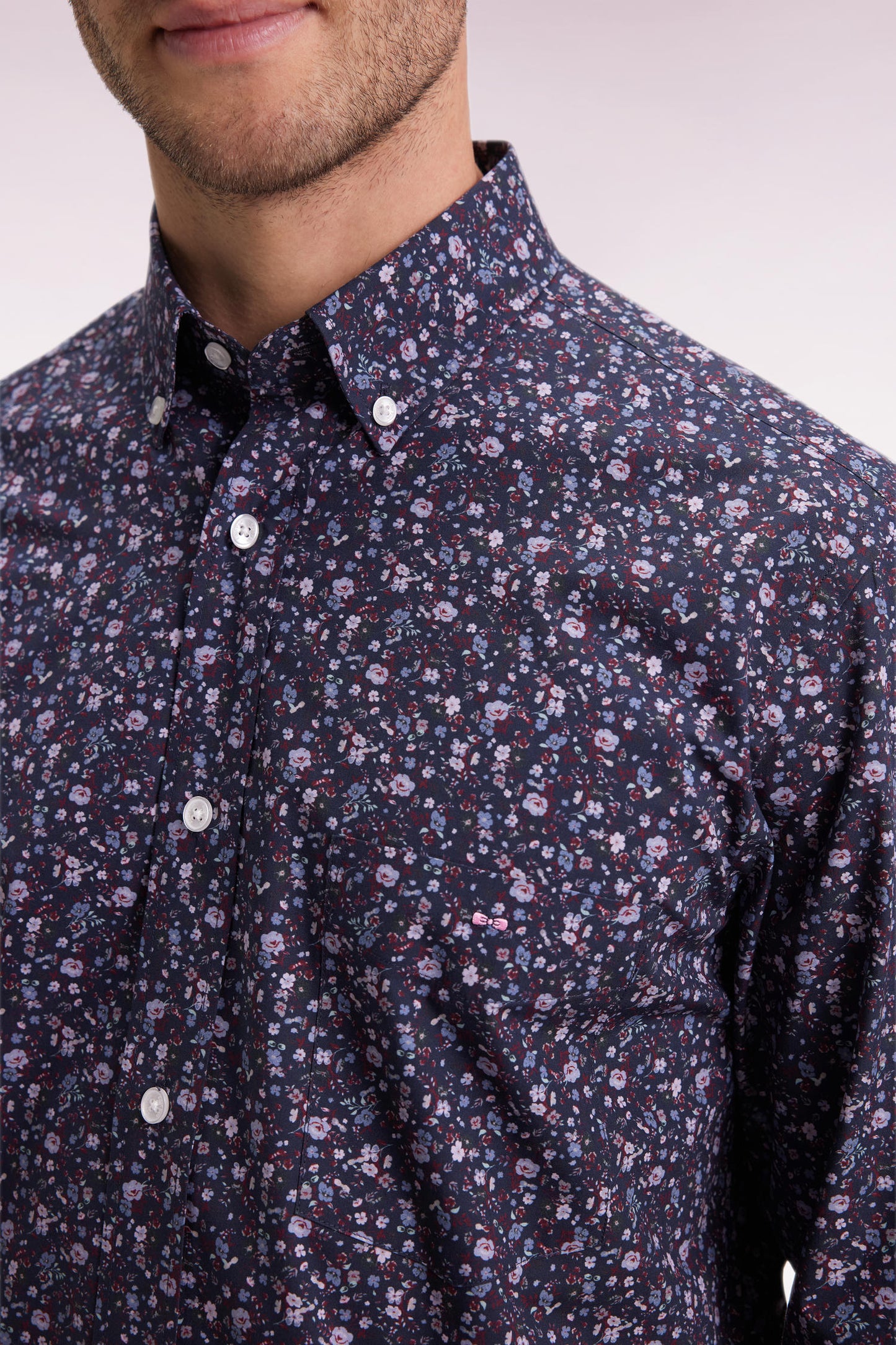Navy cotton shirt with floral micropatterns, straight cut