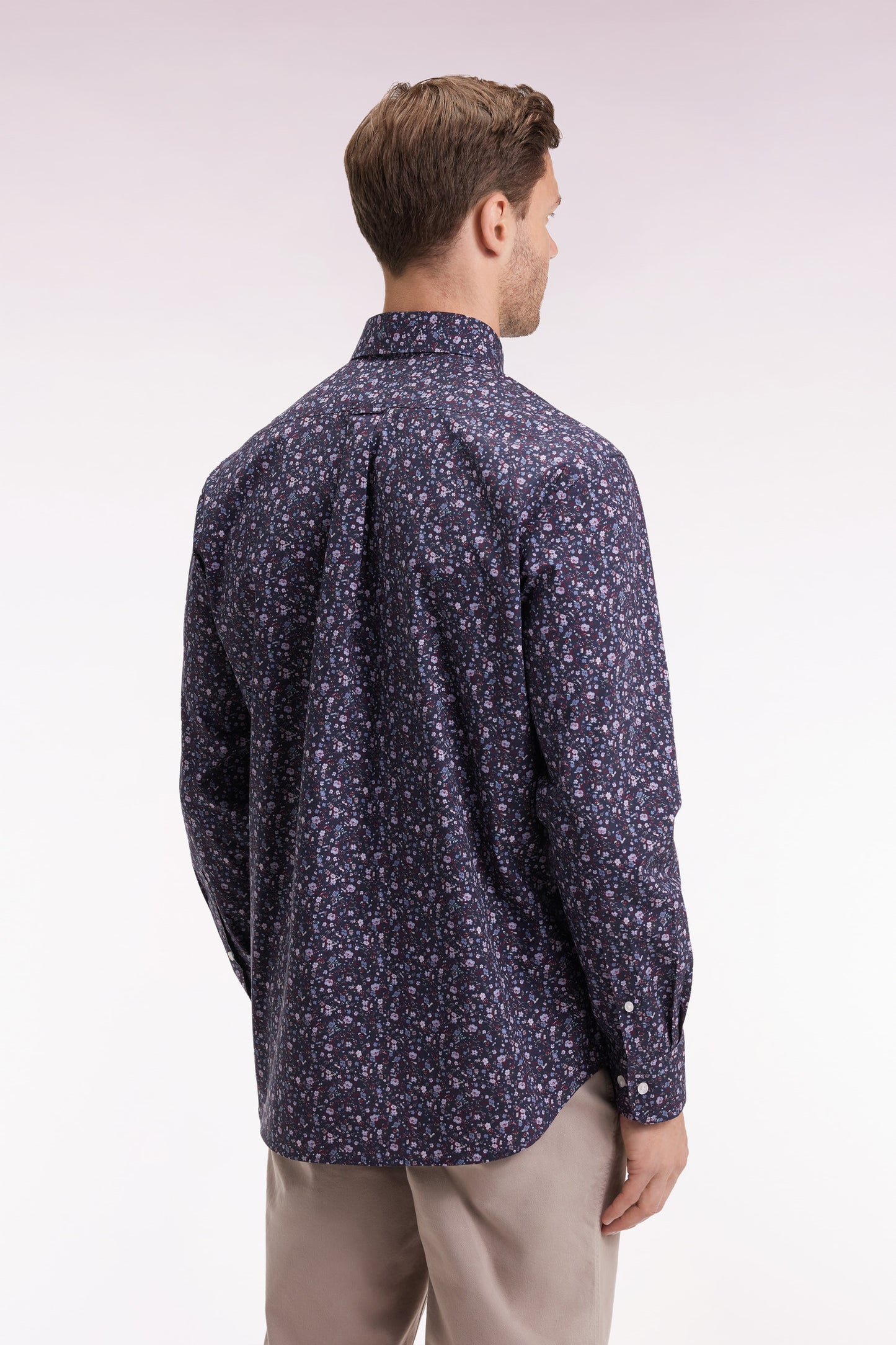 Navy cotton shirt with floral micropatterns, straight cut