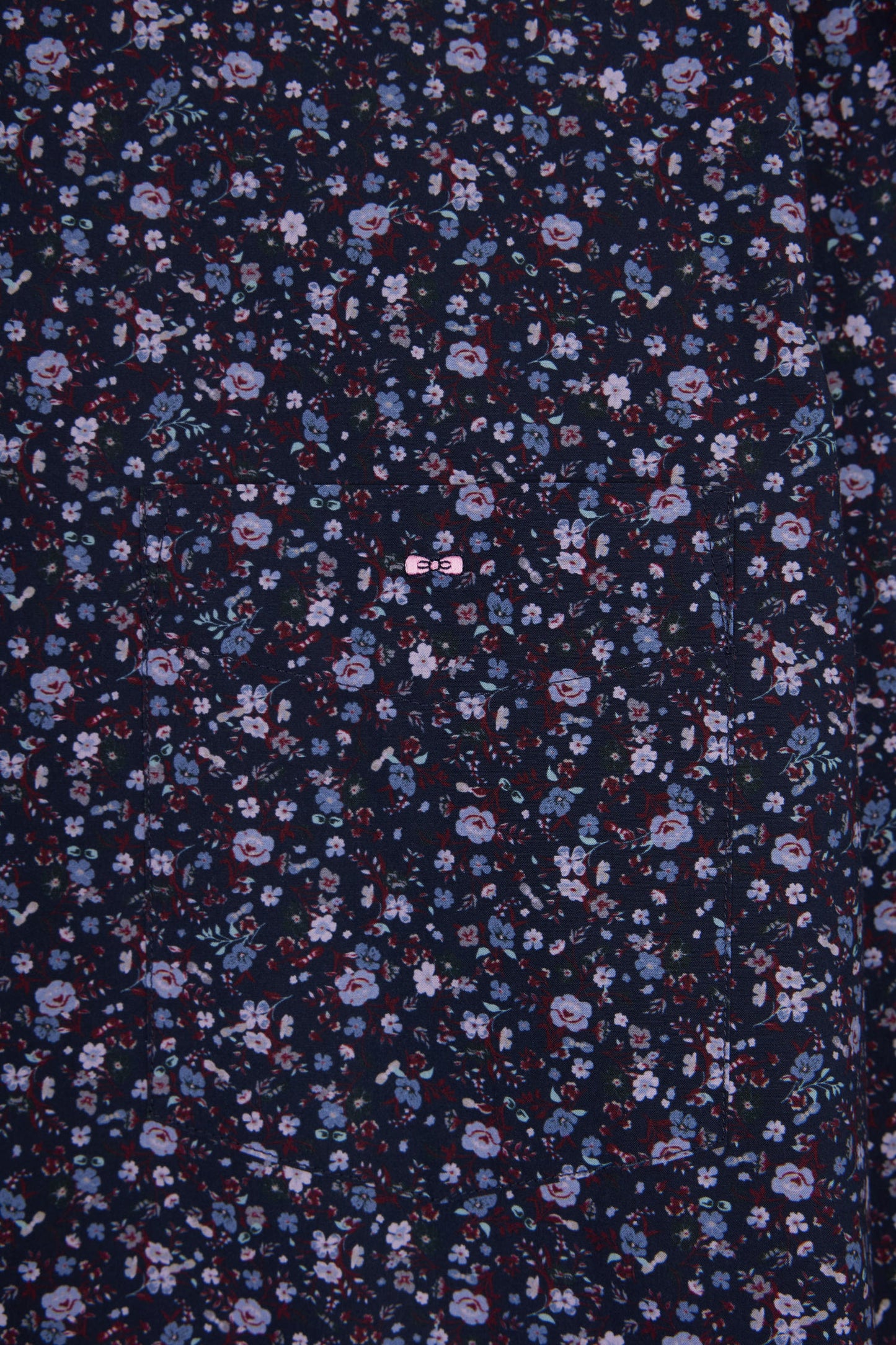 Navy cotton shirt with floral micropatterns, straight cut