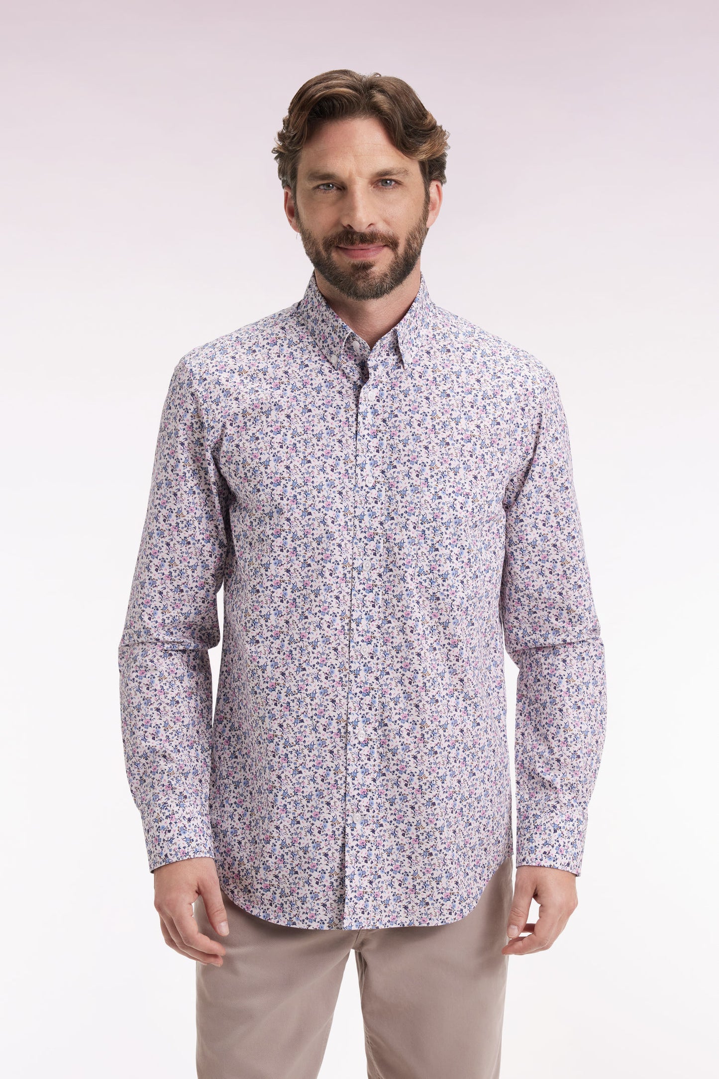 Beige cotton shirt with floral micropatterns, straight cut