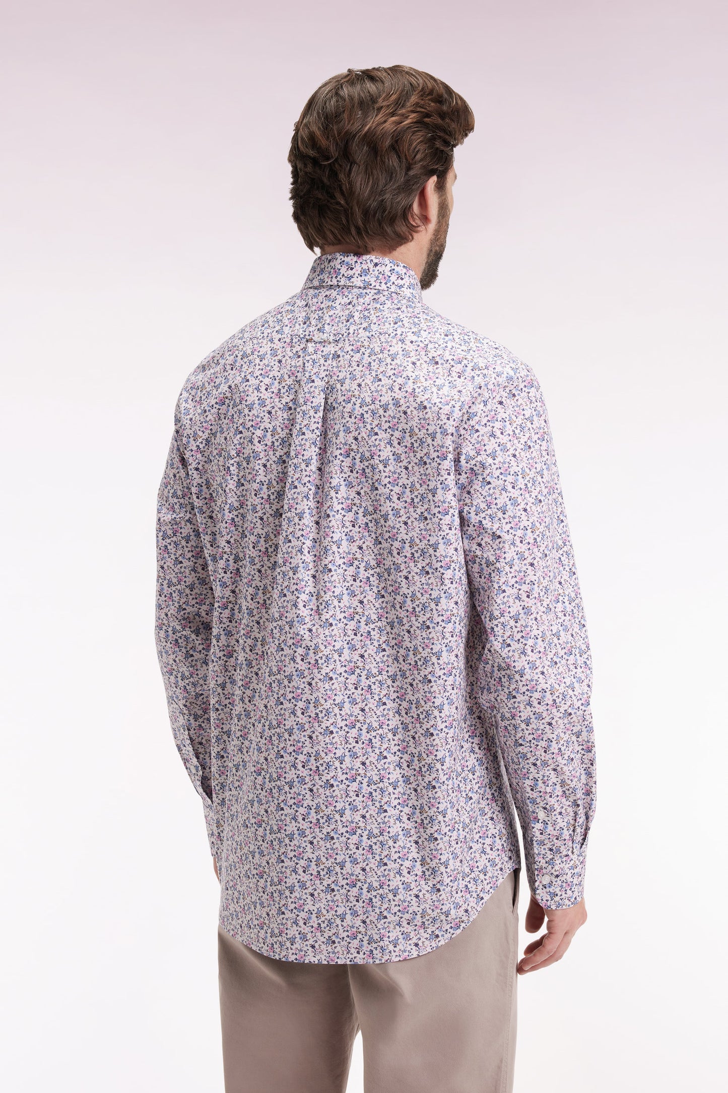 Beige cotton shirt with floral micropatterns, straight cut