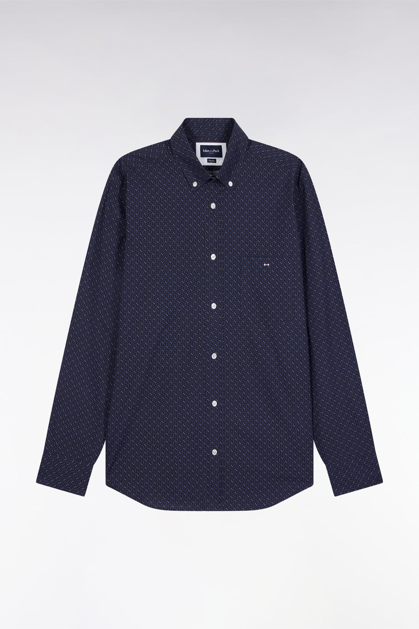 Navy cotton shirt with micropatterned bow tie, straight cut