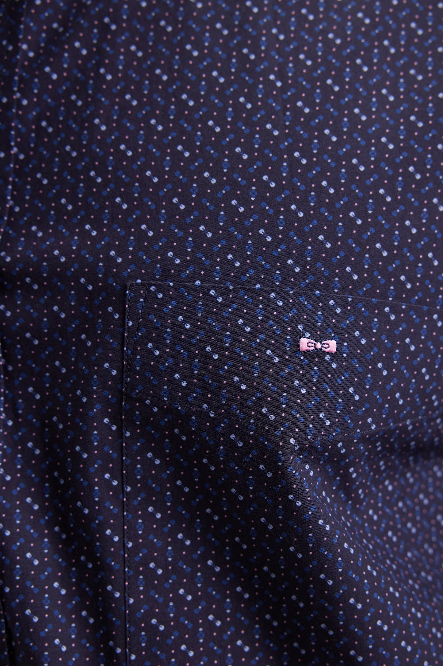 Navy cotton shirt with micropatterned bow tie, straight cut