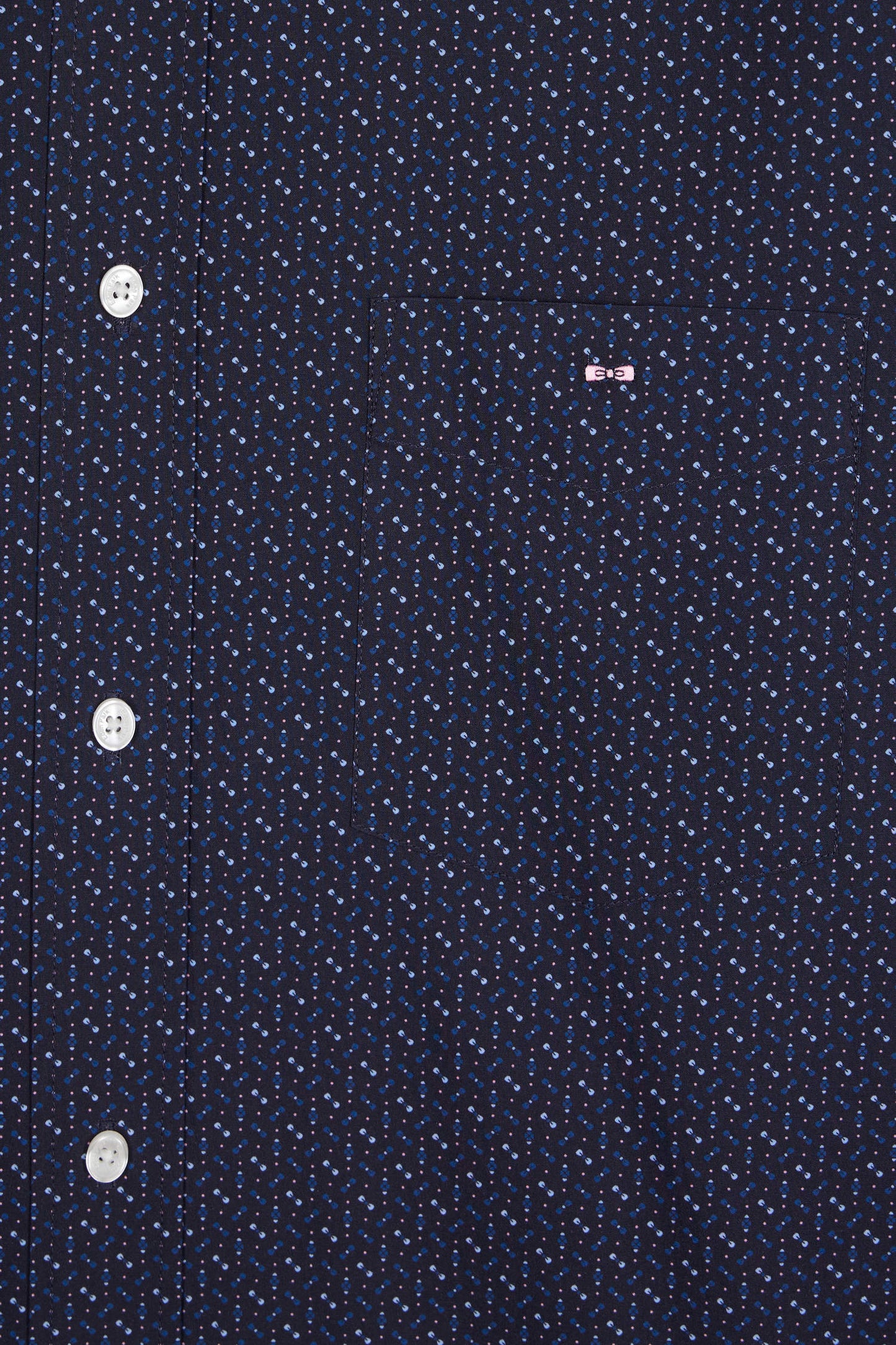 Navy cotton shirt with micropatterned bow tie, straight cut