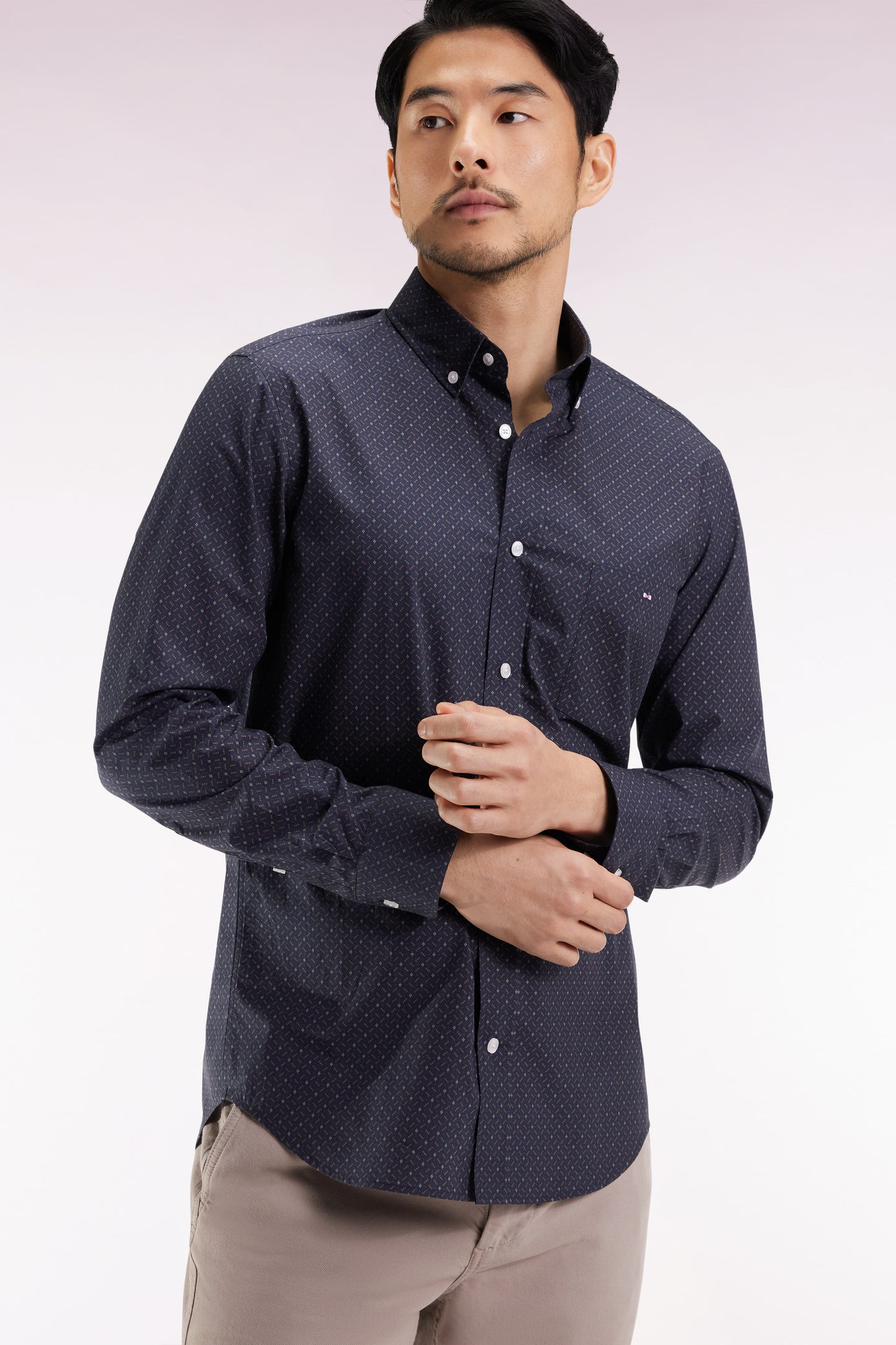 Brown cotton shirt with micro-patterns, straight cut
