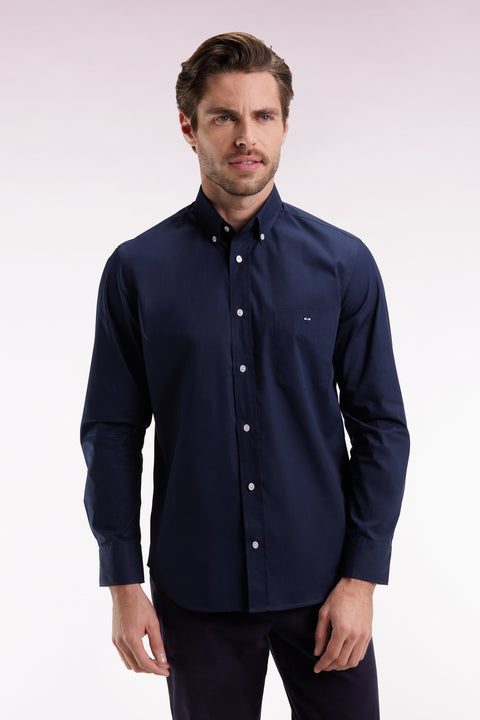 Navy cotton shirt with printed elbow patches, straight cut - Image 3