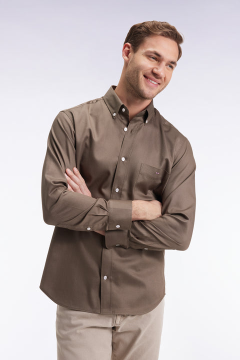Khaki piqué cotton shirt, straight cut - Image 3