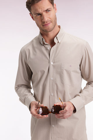 Gingham shirt in beige cotton poplin, straight cut