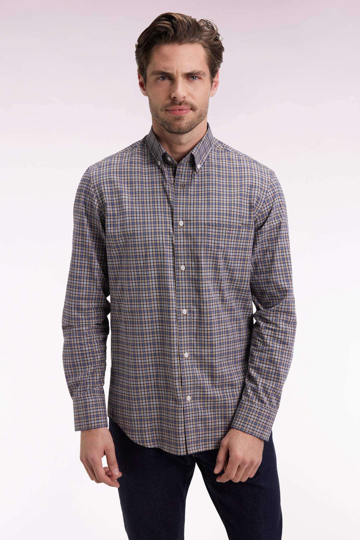 Beige cotton check shirt, straight cut