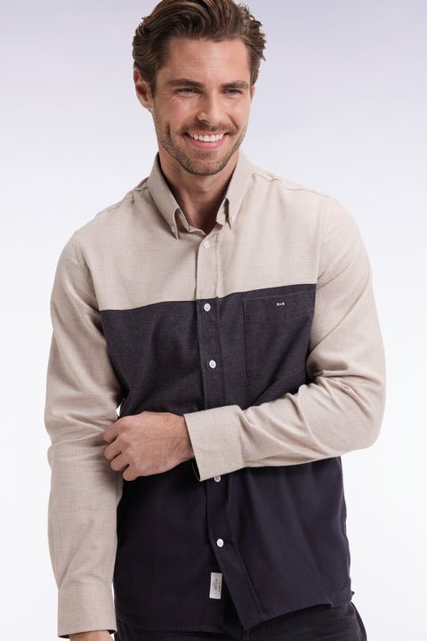 Three-tone navy and beige straight-cut flannel shirt - Image 1