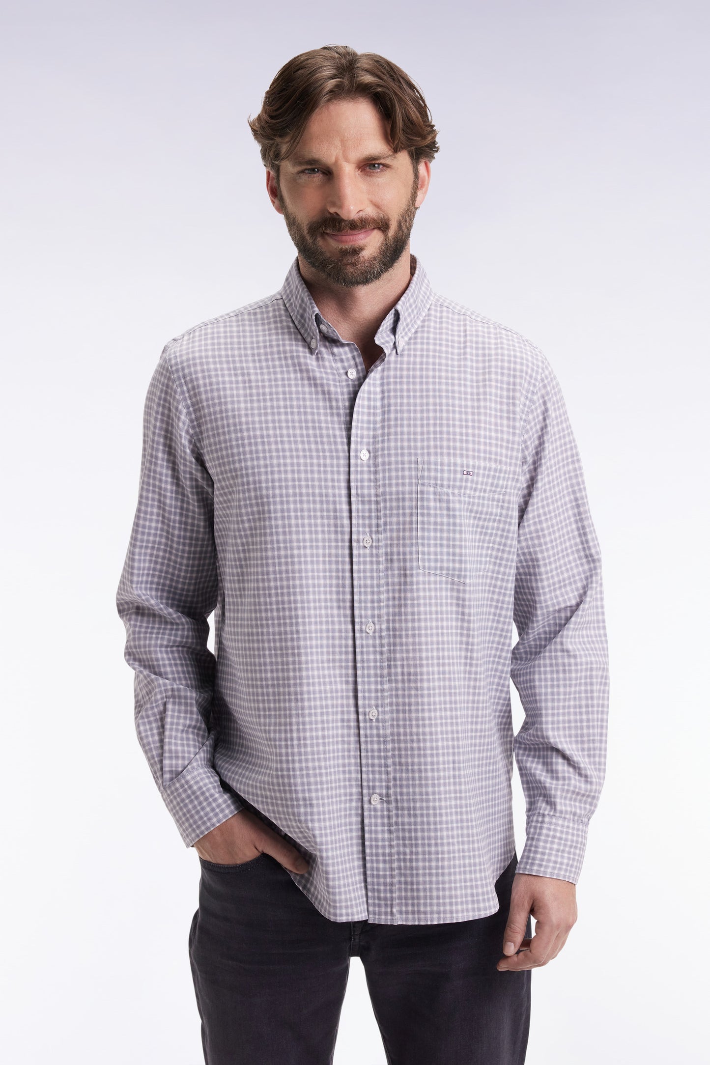 Grey check cotton shirt, straight cut