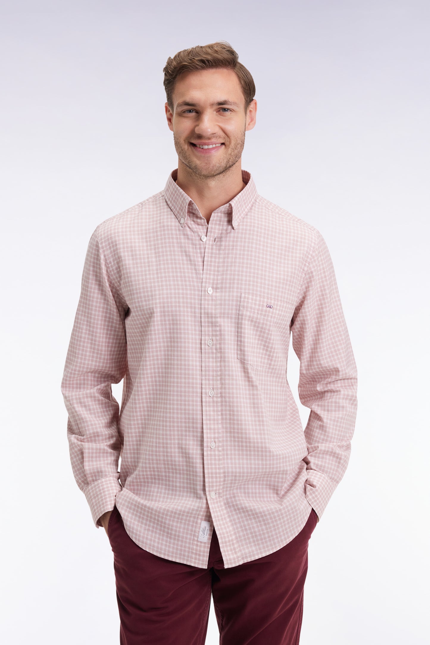 Pink check cotton shirt, straight cut