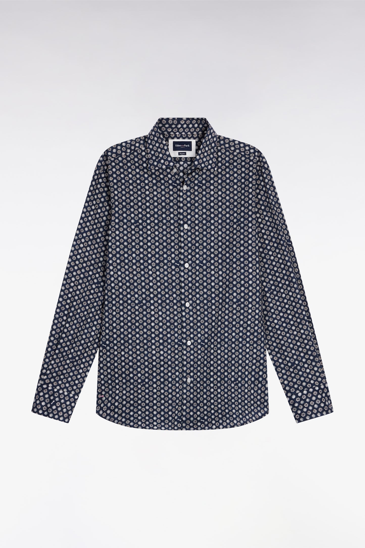 Navy cotton shirt with graphic floral print, straight cut