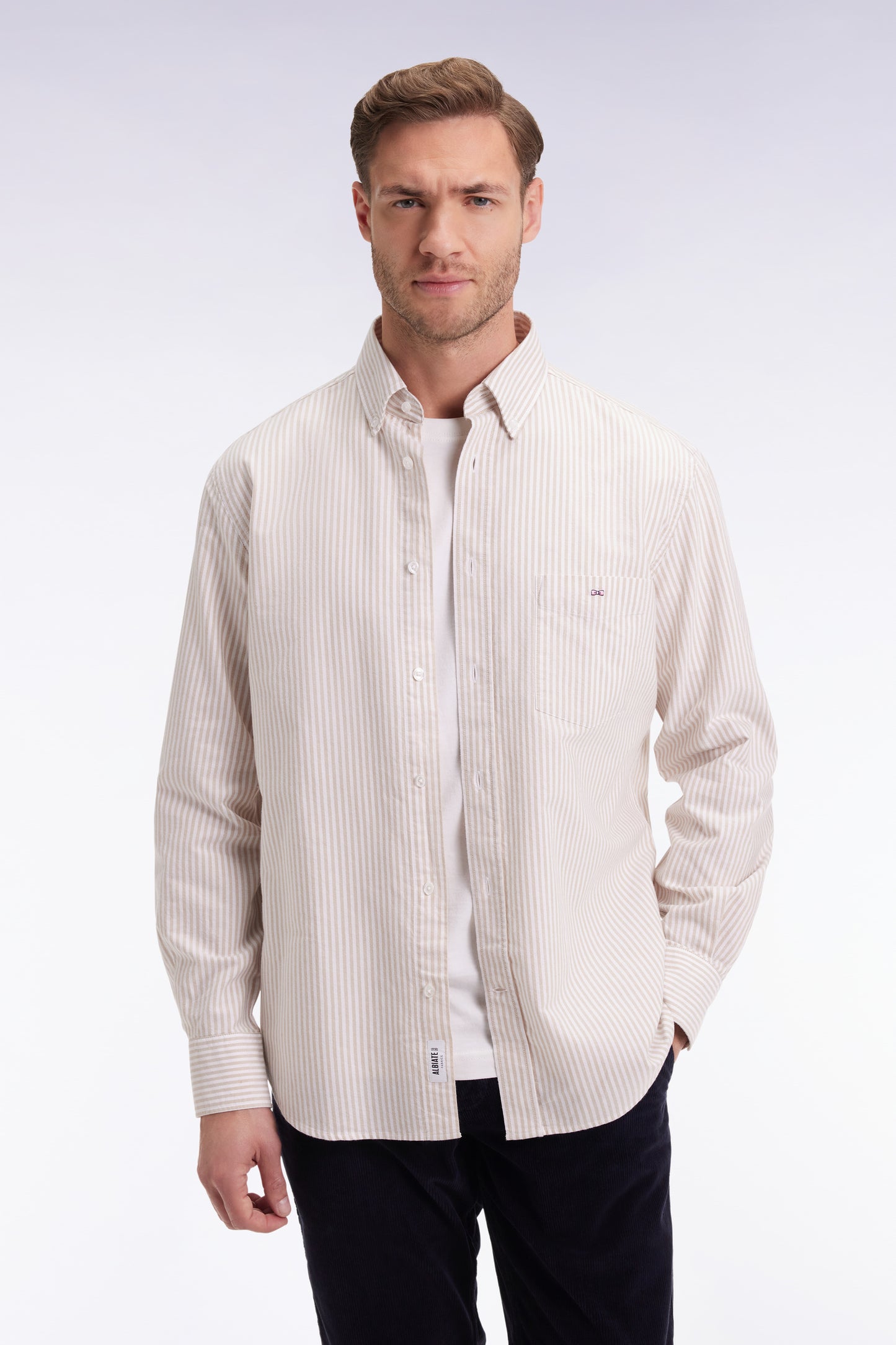Beige striped cotton poplin shirt, straight cut