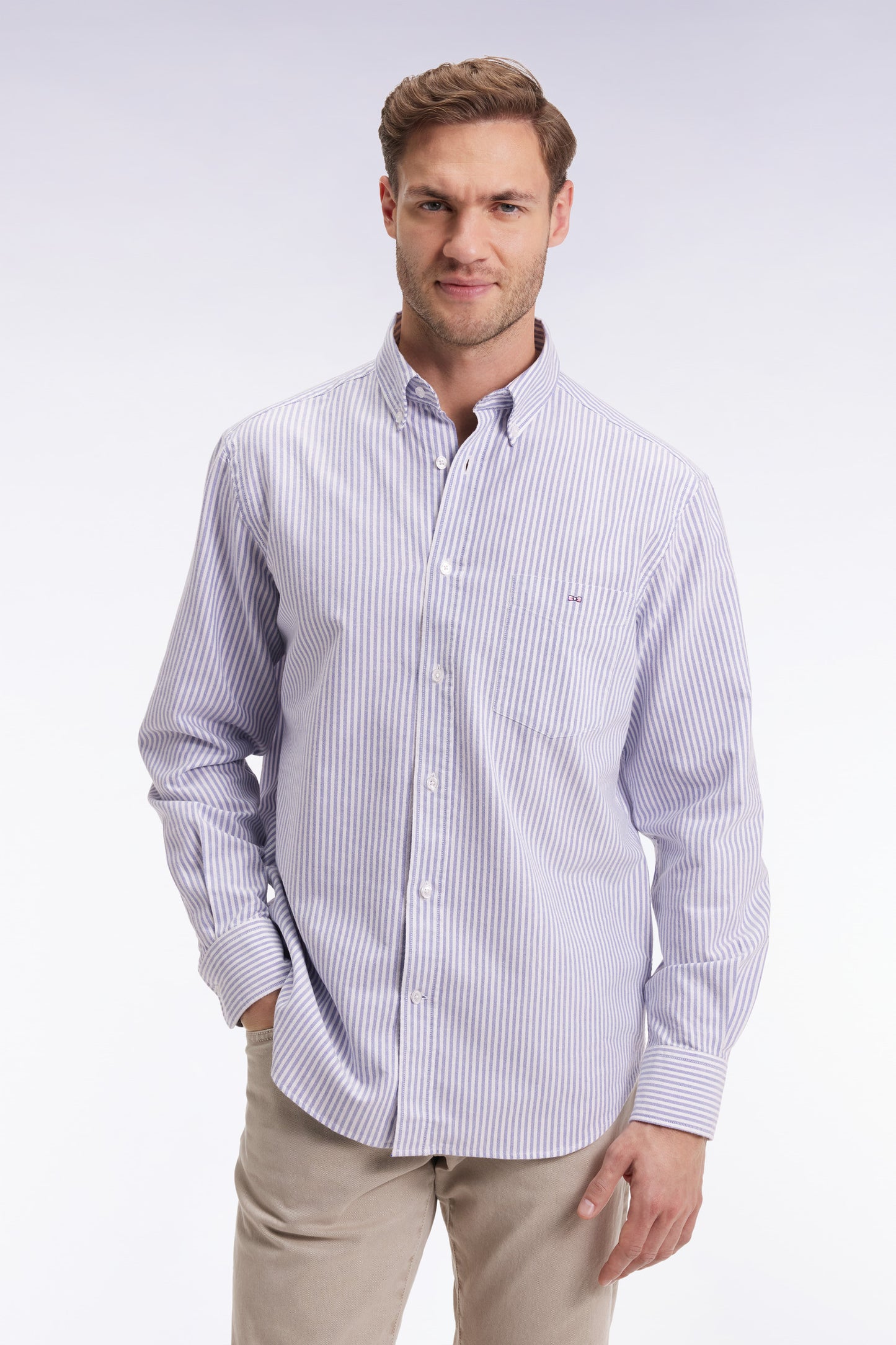 Blue striped cotton poplin shirt, straight cut