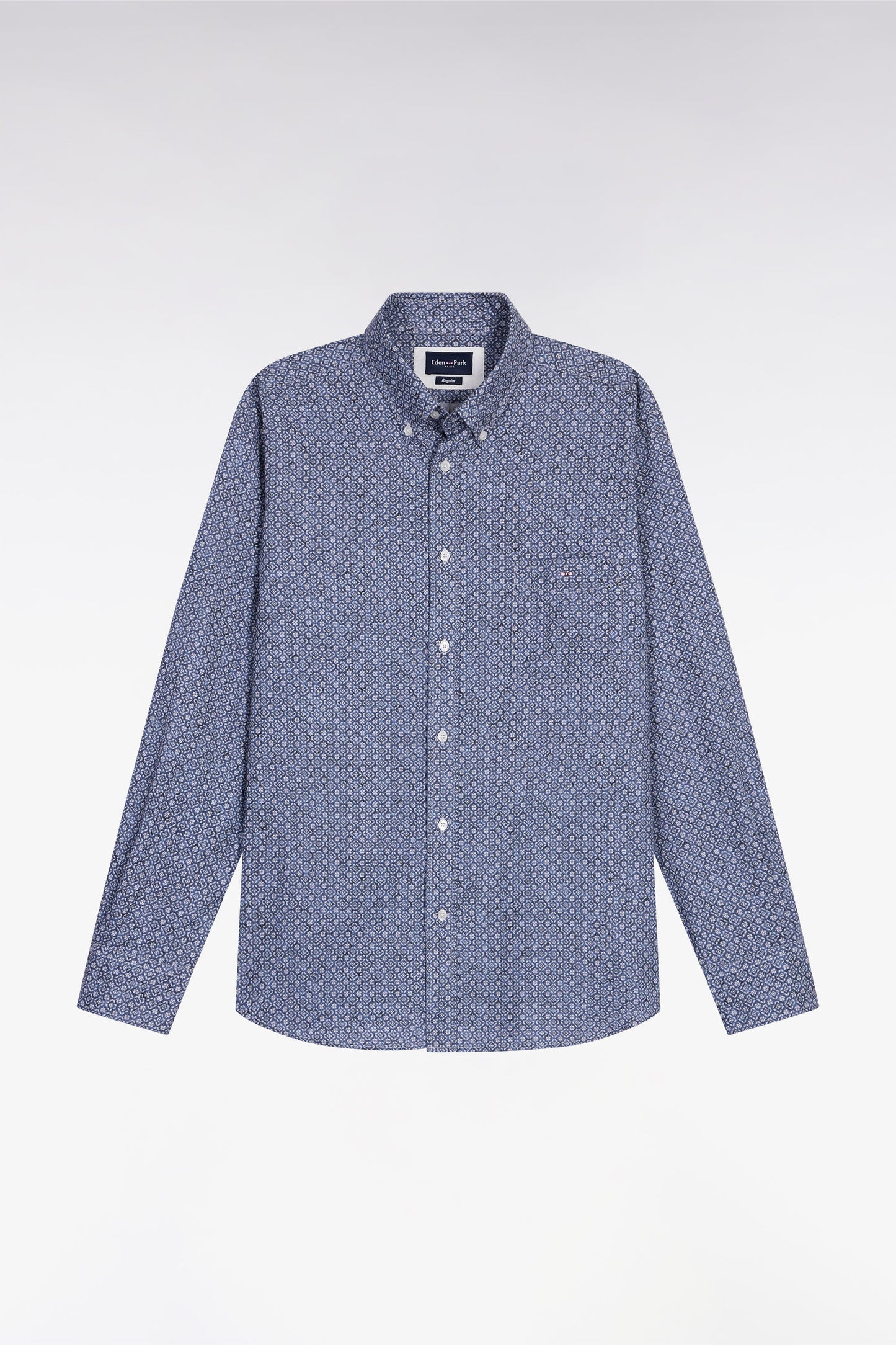Navy cotton micro-pattern shirt, straight cut