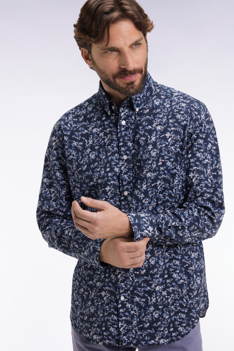 Straight-cut navy cotton shirt with floral micropatterns - Image 1